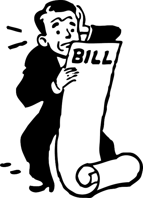 A black and white cartoon of a worried looking man holding a long roll of paper that says Bills on it